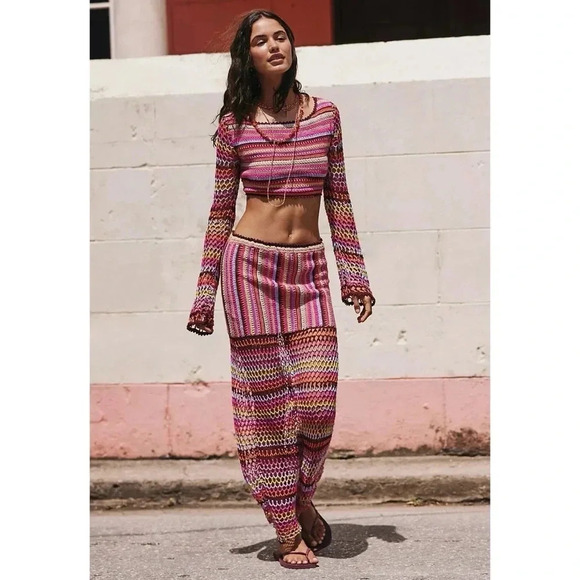 NWT Free People Bali Sunrise Skirt Crochet Knit Mid Rise Long Maxi Rainbow - Picture 12 of 15
